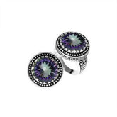 Handcrafted sterling silver Bali ring with Mystic Quartz and beaded halo design.